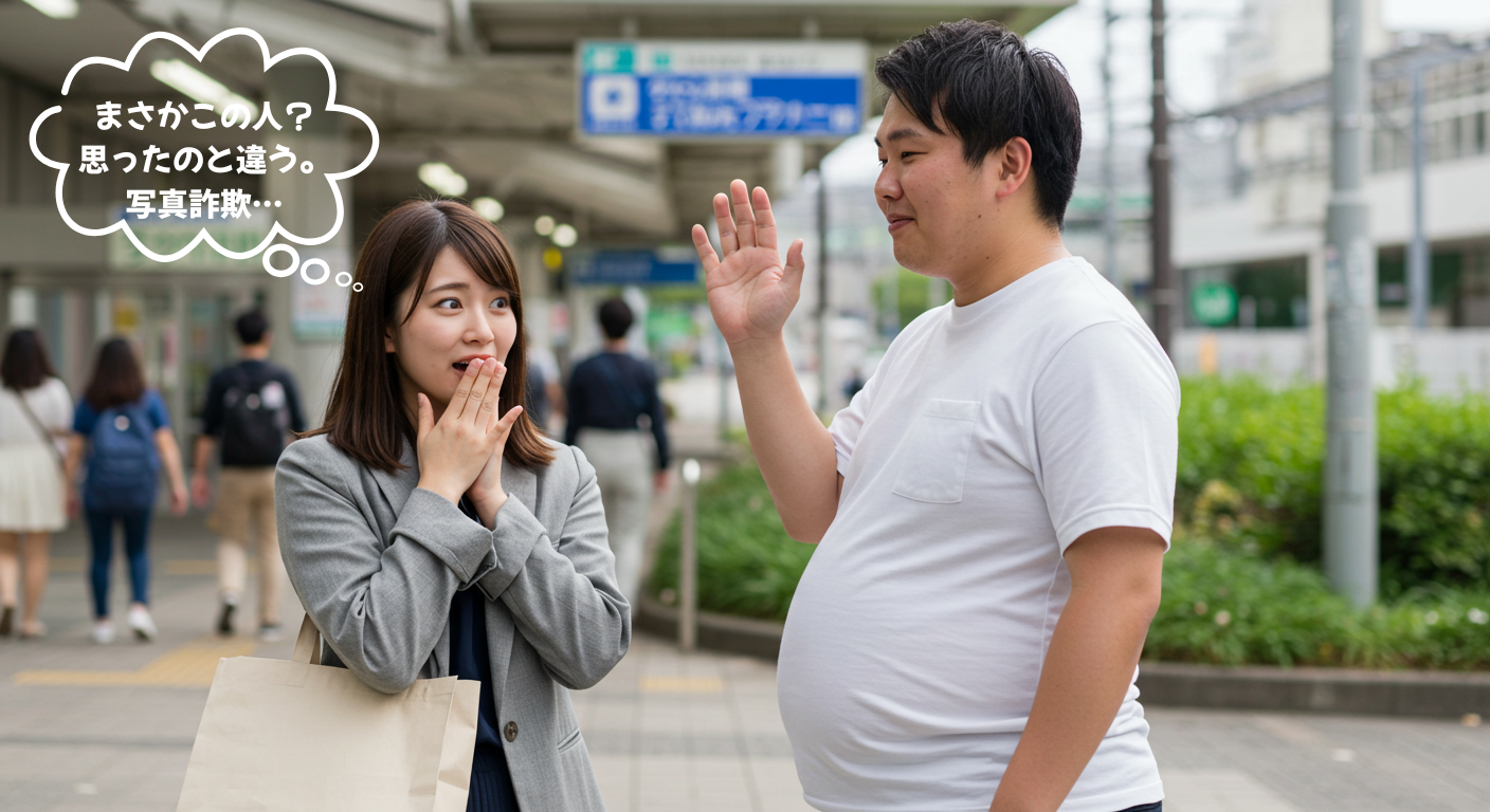 待ち合わせ場所で男性と初対面し、「写真と全然違う…」と違和感を覚える女性の様子