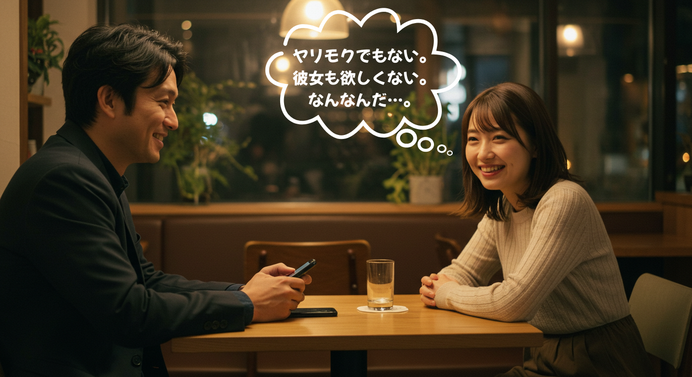 カフェで向かい合う男女、男性がスマホをいじり女性が困惑した表情で「なんなんだ…」と心の中でつぶやいている様子
